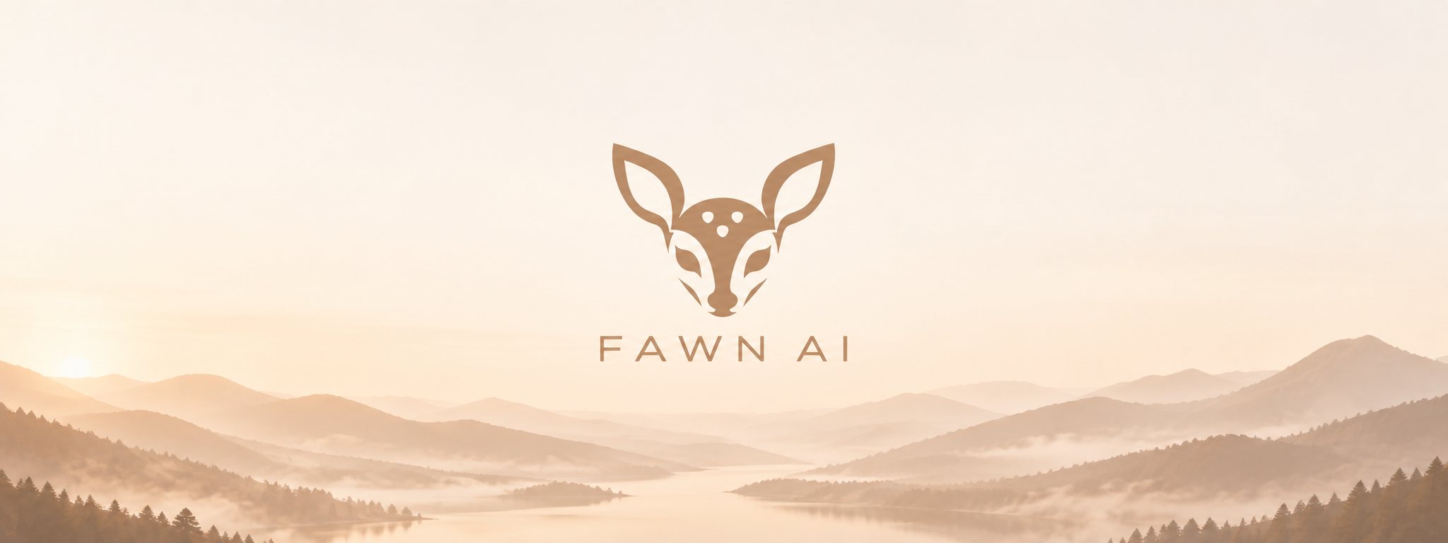 The Fawn AI logo, a fawn's face, above a misty valley and lake at sunrise